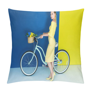 Personality  Elegant Blonde Woman Posing By Bicycle With Flowers In Basket On Blue And Yellow Background Pillow Covers