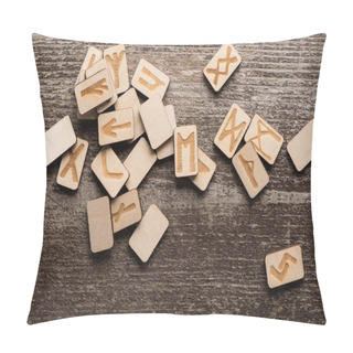 Personality  Top View Of Shamanic Runes With Symbols On Wooden Background Pillow Covers