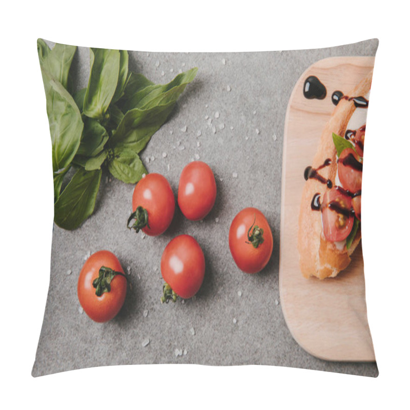 Personality  Top View Of Delicious Bruschetta On Wooden Board, Basil And Fresh Tomatoes On Grey     Pillow Covers