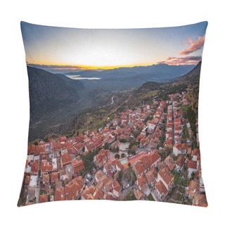 Personality  Aerial View Of Delphi, Greece, The Gulf Of Corinth, Orange Color Of Clouds, Mountainside With Layered Hills Beyond With Rooftops In Foreground Pillow Covers