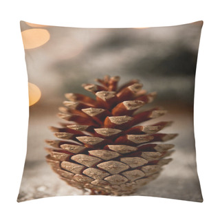 Personality  Close Up Of Pine Cone On Snow With Christmas Lights Bokeh Pillow Covers