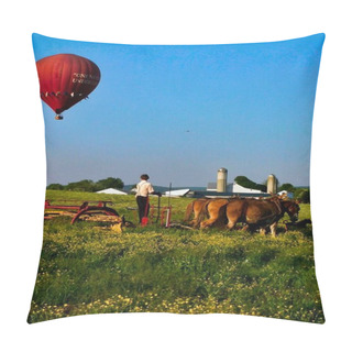 Personality  A Young Amish Man Cuts Grass In A Field With A Team Of Horses, With A Hot Air Balloon Hovering Above, Southeastern Pennsylvania Pillow Covers