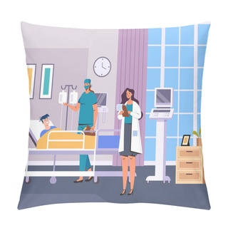 Personality  Patient Character Laying Bed And Doctors Giving Consultation. Emergency Medicine Hospital Room Concept. Vector Flat Graphic Design Illustration Pillow Covers