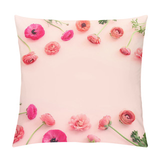Personality  Top View Image Of Pink Flowers Composition Over Pastel Background Pillow Covers