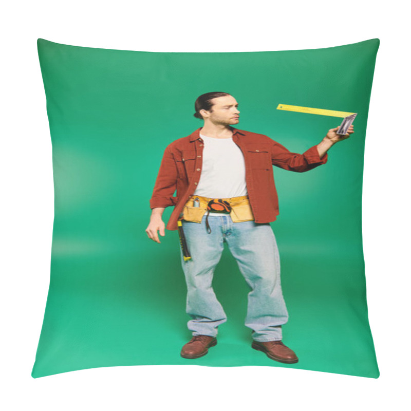 Personality  A Handsome Man In A Red Shirt Holding A Yellow Measurng Tape Against A Green Backdrop. Pillow Covers