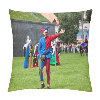 Personality  TALLINN, ESTONIA - 01 MAY 2016: Medieval Jester Runs The Event Pillow Covers