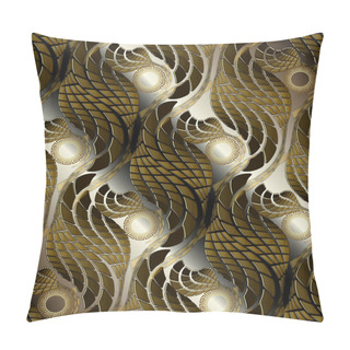 Personality  Ornate Gold Brown 3d Abstract Vector Seamless Pattern. Textured Ornamental Greek Background. Halftone Waves, Geometric Radial Shapes, Lines, Greek Key Meander Circles. Modern Beautiful Ornaments. Pillow Covers