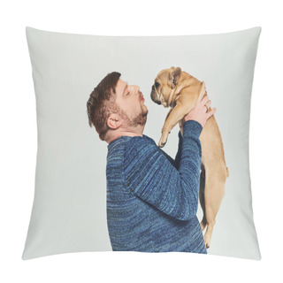Personality  A Man Lovingly Holds A French Bulldog Up To His Face. Pillow Covers