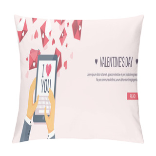 Personality  Vector Illustration. Flat Background With Tablet. Love, Hearts. Valentines Day. Be My Valentine. 14 February. Pillow Covers