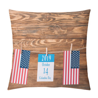 Personality  Calendar  With 14 October Date Between National Flags Of America On Wooden Surface Pillow Covers