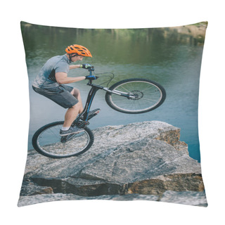 Personality  Extreme Trial Biker Balancing On Back Wheel On Rocky Cliff Over Lake Pillow Covers