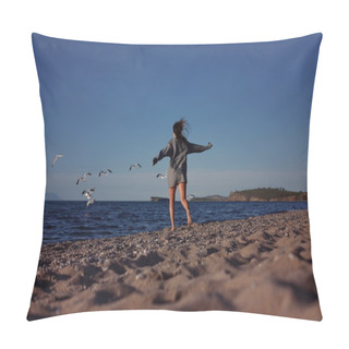 Personality  Woman Running On Sandy Beach Pillow Covers