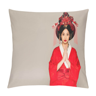 Personality  Asian Woman With Red Lips Showing Praying Hands Isolated On Grey  Pillow Covers