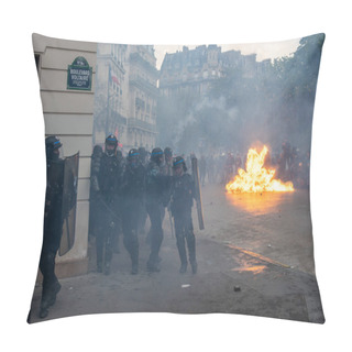 Personality  Paris, France - May 1, 2023: French Riot Police (CRS) Momentarily Retreating While Many Rioters Set Urban Furniture On Fire At The End Of A Protest Against The Retirement Reform In Paris, France Pillow Covers