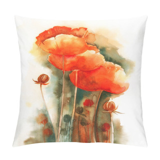 Personality  Watercolor Expressive Sketch: Flowers And Buds Of Wild Poppy Pillow Covers