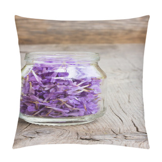 Personality  Pale Lilac Flower Petals In A Glass Jar On Old Wooden Boards In The Cracks. The Concept Of Aromatherapy, Alternative Medicine Pillow Covers