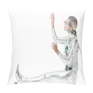 Personality  Side View Of Silver Robot Sitting And Touching Something Isolated On White, Future Technology Concept  Pillow Covers