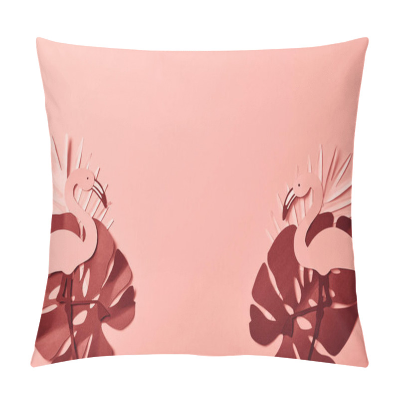 Personality  Top View Of Paper Cut Palm Leaves And Flamingos On Pink Background Pillow Covers