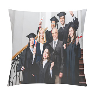 Personality  Cheerful Students In Graduation Caps Holding Diplomas Near Happy Teachers  Pillow Covers