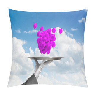 Personality  Cropped Image Of Waiter's Hand In White Glove Presenting Multiple Cubes On Metal Tray With Cloudy Skyscape On Background. 3D Rendering. Pillow Covers