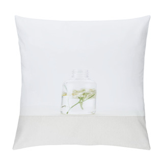 Personality  Bottle Of Natural Herbal Essential Oil With Chamomile Flowers On White Surface Pillow Covers