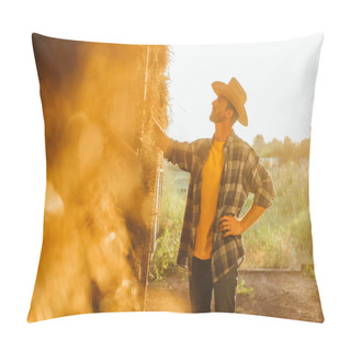 Personality  Selective Focus Of Farmer In Straw Hat And Plaid Shirt Touching Bale Of Hay In Sunshine Pillow Covers