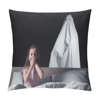 Personality  Frightened Child Sitting In Bed And Showing Hush Sign While White Ghost Standing Behind Bed Isolated On Black  Pillow Covers