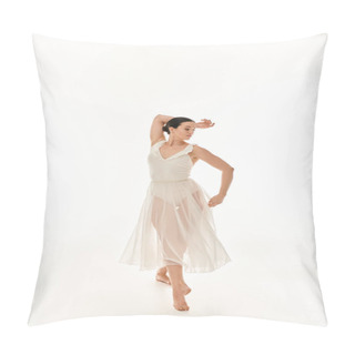 Personality  A Graceful Young Woman In A Flowing White Dress Sways And Twirls In A Studio Setting Against A White Background. Pillow Covers