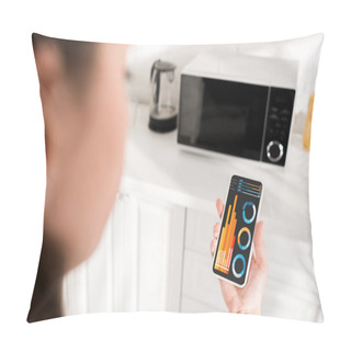 Personality  Selective Focus Of Woman Holding Smartphone With Graphs And Charts And Microwave On Background  Pillow Covers