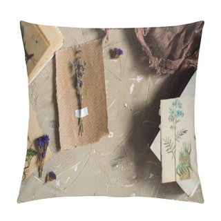 Personality  Flay Lay, Top View Of The Herbarium, Dried Lavender Flowers, Notebook, Book For Notes, Pen And Spring Summer Pictures On A Concrete BackgroundPostcard On Kraft Paper Pillow Covers