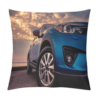 Personality  Blue SUV Car With Sport And Modern Design Parked On Concrete Road By The Sea At Sunset In The Evening. Hybrid And Electric Car Technology Concept. Automotive Industry. Headlamp Pillow Covers