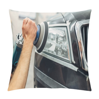 Personality  Auto Detailing Of Car Headlights On Carwash Service. Man Works With Polishing Machine Pillow Covers
