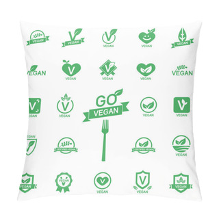 Personality  Set 24 Icons Vegan Food, Set Of Badges, Emblems And Stamps Vector Pillow Covers