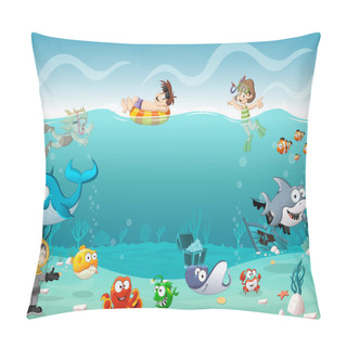 Personality  Kids Wearing Scuba Diving Suit And Swimming With Fish Under The Sea. Pillow Covers
