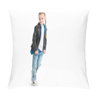 Personality  Little Stylish Kid Wearing Black Leather Jacket Standing With Fingers In Pockets Isolated On White Pillow Covers