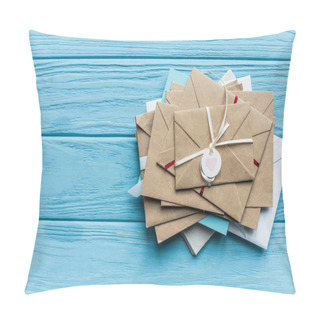 Personality  Top View Of Wooden Blue Background With Envelopes And Heart Pillow Covers