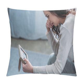 Personality  Selective Focus Of Upset Woman Looking At Picture Frame, Crying And Wiping Tears At Home Pillow Covers