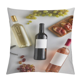 Personality  Top View Of Bottles With White, Red And Rose Wine Near Grape, Corkscrew And Sliced Prosciutto On Baguette On White Background Pillow Covers