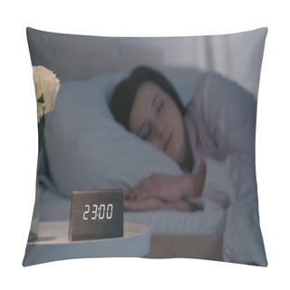 Personality  Clock And Flower On Bedside Table Near Blurred Woman Sleeping On Bed At Night  Pillow Covers