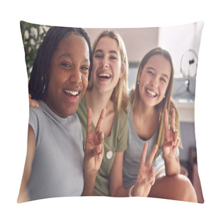 Personality  Group Of Smiling Multi-Cultural Teenage Girl Friends Posing For Selfie On Mobile Phone At Home Pillow Covers