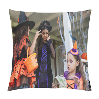 Personality  Girls In Halloween Costumes Holding Skull And Trick Or Treat Bucket Near Decorated Cottage Pillow Covers