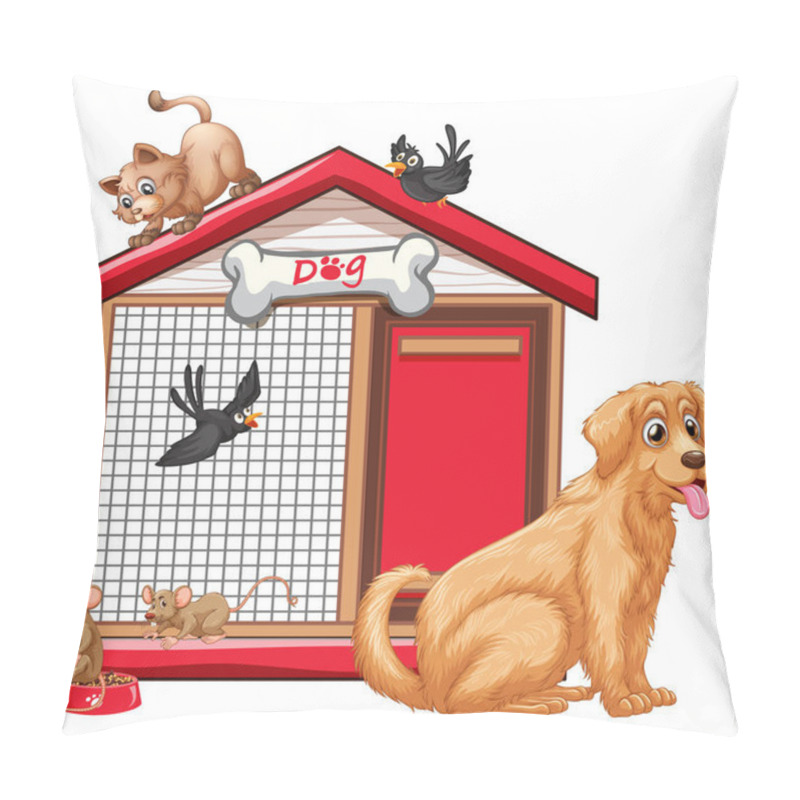 Personality  Dog Cage With Animal Group Cartoon Isolated Illustration Pillow Covers