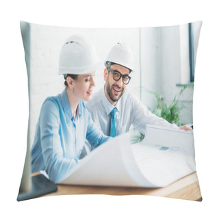 Personality  Smiling Architects Working With Building Plan At Office Pillow Covers
