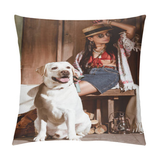 Personality  Woman In Boho Style With Dog Pillow Covers