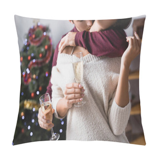 Personality  Cropped View Of Passionate Man Kissing Woman While Holding Glasses With Champagne Near Christmas Tree On Blurred Background Pillow Covers
