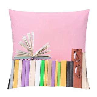 Personality  Open Book And Glasses On Row Of Books Isolated On Pink Pillow Covers