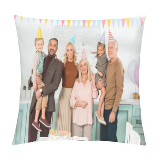 Personality  Happy Family Posing At Camera While Standing Near Birthday Cake On Kitchen Table Pillow Covers