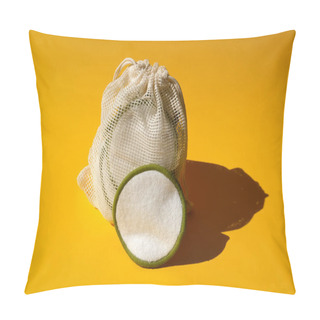 Personality  Eco Cosmetics Products. Reusable And Washable Face Pads With The Bag On Yellow Background. Eco Beauty Concept.  Pillow Covers