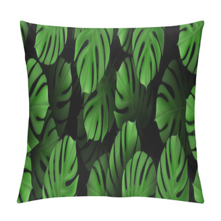 Personality  Tropical Pattern With Green Monstera Palm Leaves On Dark Background. Exotic Hawaiian Fabric Design. Design For Banner. Vector Pillow Covers