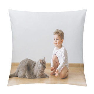 Personality  Cute Little Child In White Bodysuit And Grey British Shorthair Cat Resting On Floor At Home Pillow Covers